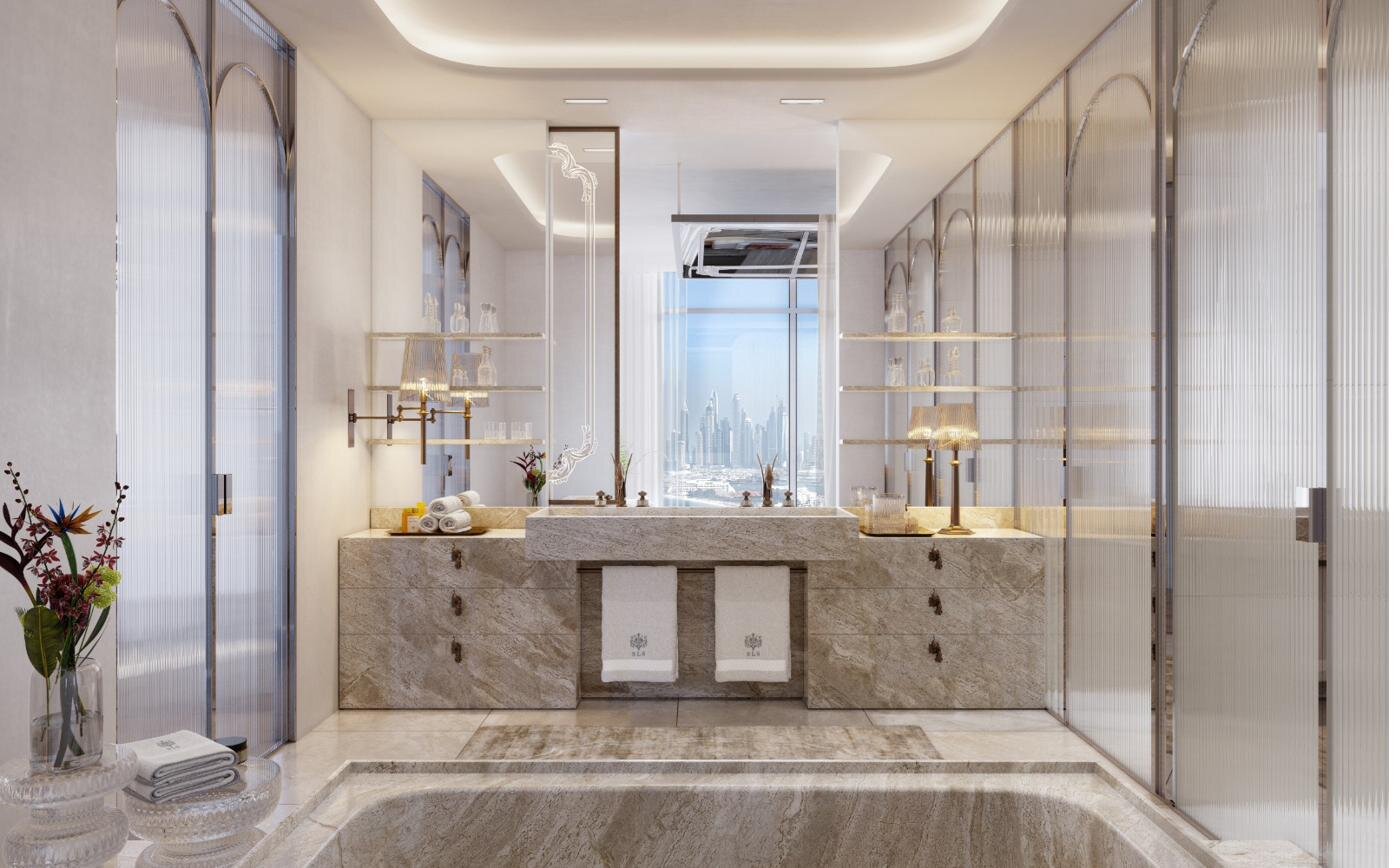 Master bathroom in marble with skyline view