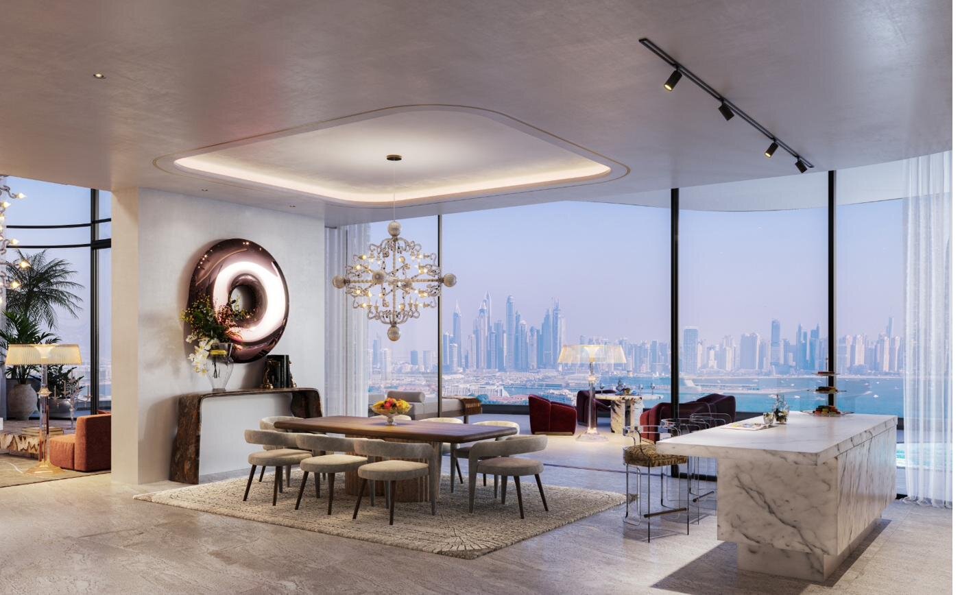 Living and dining with skyline views